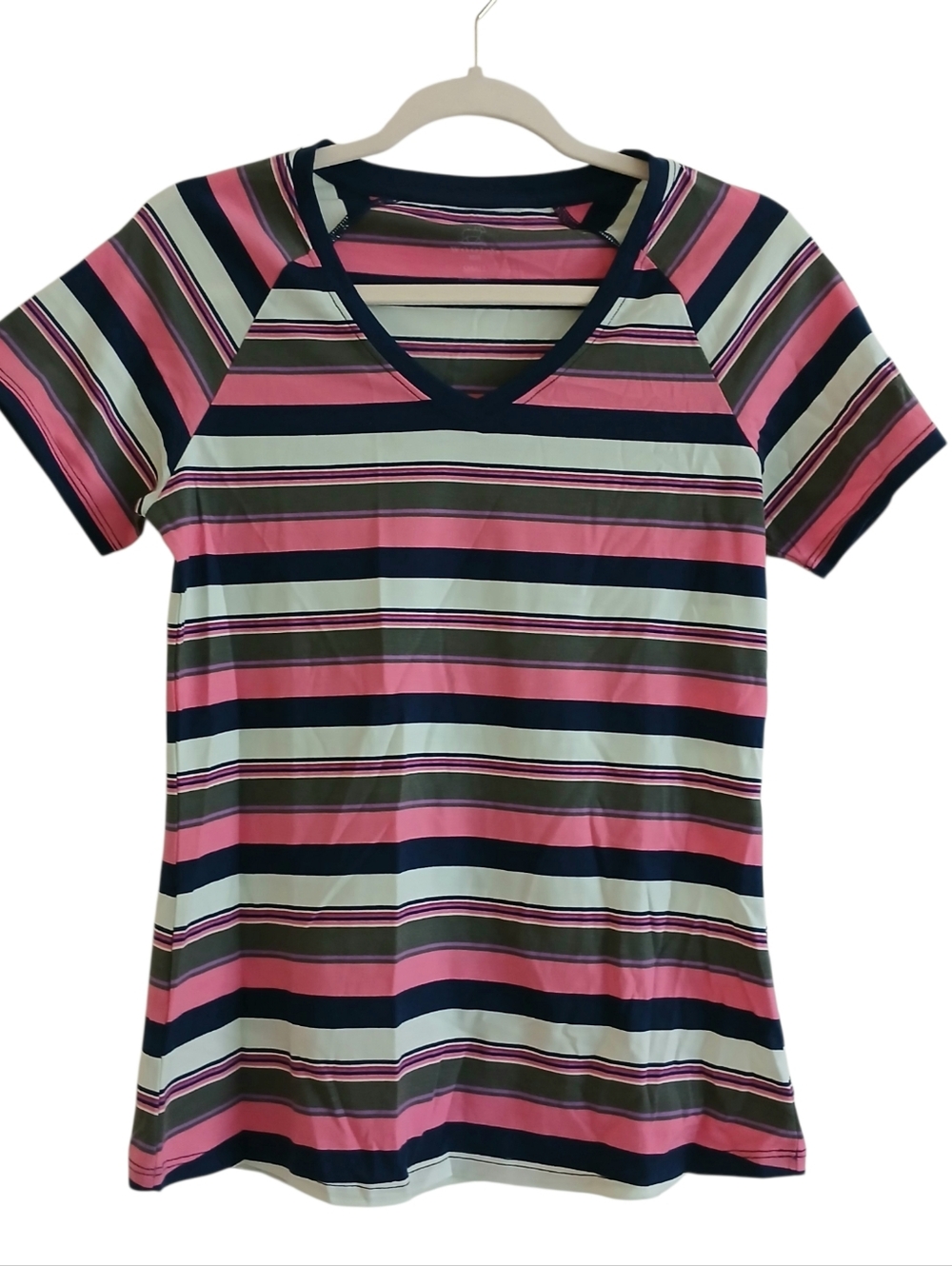 WOOLX Short Sleeve Merino Wool Blend Tee Women's S Striped V Neck Lightweight